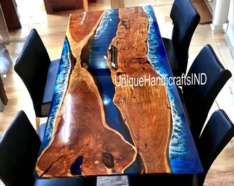 Handmade Acacia Wood Ocean Epoxy Dining Table: Live Edge Resin River