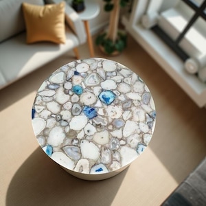 Eleganter Quarz & Blauer Achat Stein Couchtisch - Benutzerdefinierte handgefertigte Edelstein Möbel für Wohnkultur