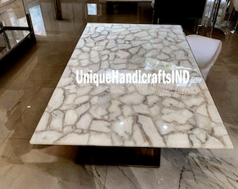 Handmade White Salt Agate Countertop Slab: Backlit Kitchen Island