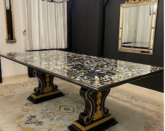 Pietra Dura Table, Black Marble Table, semi precious floral inlay work, Home Décor & Office Furniture, coffee cafe table, Marble furniture