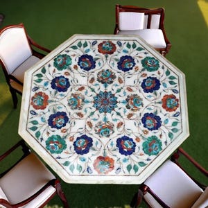 White Marble Inlay Table Top: Semi Precious Stone Floral Art