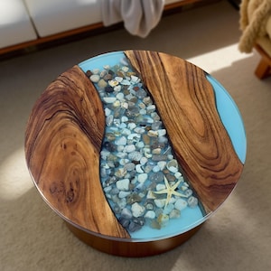 Table basse époxy en noyer - dessus de table de rivière en résine bleue, meubles en bois faits main, décoration d'intérieur rustique Live Edge