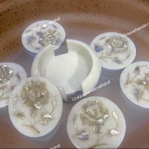 Halloween Sale Marble Coaster Floral Inlay / Stone Coaster set / Drinks Coasters With Holder Mother of pearls Stone Arts Gift Him