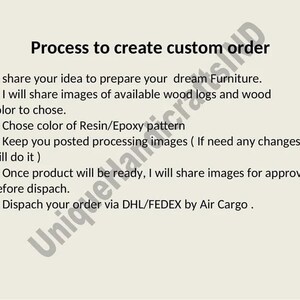 Op de afbeelding: Een lichtbeige afbeelding met de tekst "Process to create custom order" en genummerde stappen voor het bestellen van meubels op maat. De stappen omvatten het delen van idee&euml;n, het kiezen van kleuren en het goedkeuren van afbeeldingen.