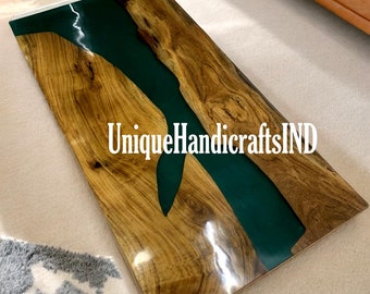 Groene epoxy riviertafel – ambachtelijk gemaakte houten salontafel, uniek kunstharsmeubilair