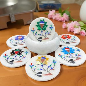 White Marble Coaster Set: Handmade Pietra Dura Floral Inlay