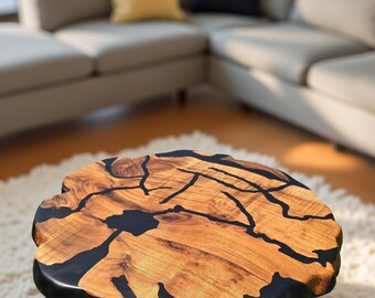 Live Edge Couchtisch - Schwarzer Epoxidharz-Tisch - Handgefertigte Holzmöbel für die Inneneinrichtung