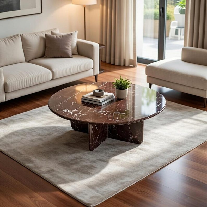 May include: A round coffee table with a reddish-brown marble top and a unique base design. The table is in a living room setting with a beige sofa, armchair, and a light-colored rug. A small plant and books are on the table.