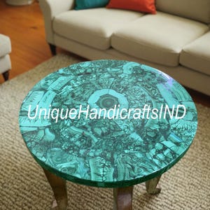Round Malachite Stone Top Console Coffee Table, Malachite Gemstone Counter Table, Handmade Malachite Furniture Decors Table Decors
