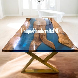 Handmade Epoxy Resin River Table: Blue Tint Wood Desk