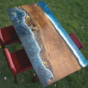 Handmade Ocean Epoxy Resin River Table: Coastal Beach Design