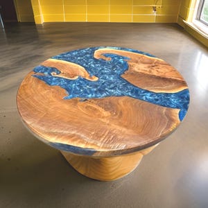 Handmade Blue Epoxy Resin Dining Table: Round Wood Tabletop