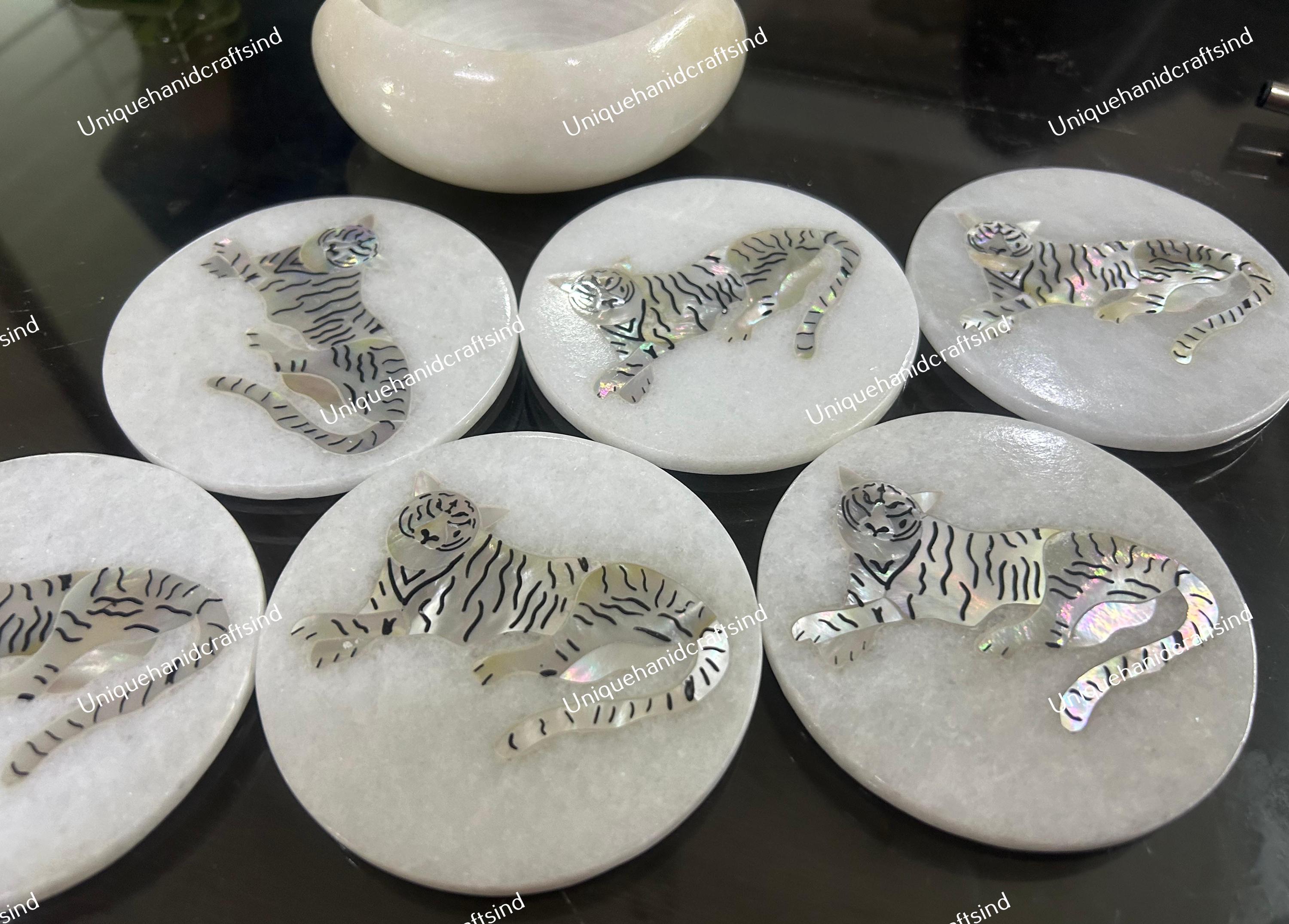 タイガーインレイ大理石コースターセット：ハンドメイドピエトラ
