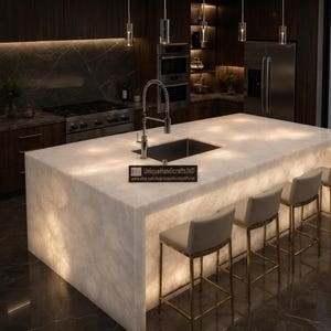 Può includere: Una cucina moderna con un'ampia isola centrale bianca illuminata. L'isola presenta un lavello integrato ed è circondata da sgabelli da bar beige con gambe dorate. Mobili in legno scuro ed elettrodomestici in acciaio inossidabile completano il design.