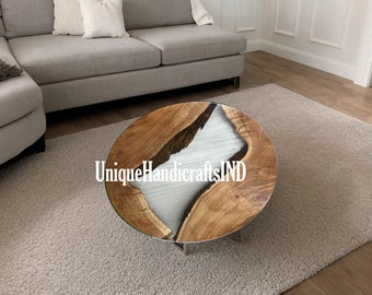 Round Epoxy Resin River Coffee Table: Wood & Metal Leg, Custom Order