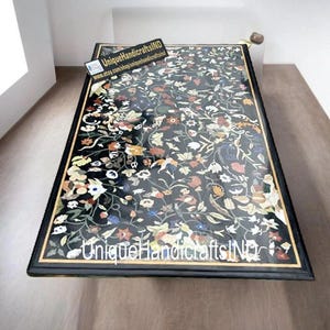 Black Marble Table Top: Pietradura Inlay Floral Design - Mid Century Modern