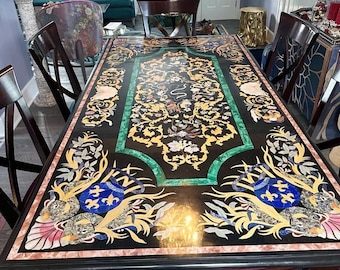 Black Marble Rectangle Dining Table Top Marquetry Design Pietra Dura Inlay Art Housewarming Decor