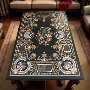 Black Marble Inlay Coffee Table: Handmade Floral Pietra Dura Art