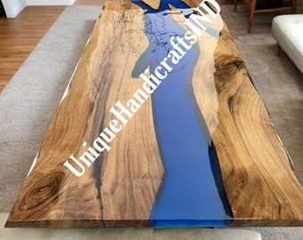 Epoxid-Tischplatte mit Akazienholz, Esstisch, blauer Epoxidharz-Tisch, Live-Edge-Holztisch, Resin-Flusstisch (kann individuell angepasst werden)