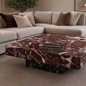 Rosso Levanto Marble Coffee Table | Handcrafted Square Italian Stone Accent Furniture