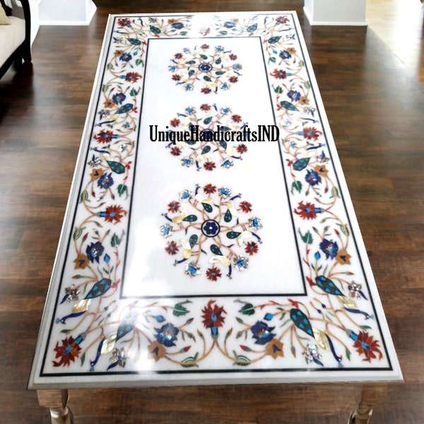 Marble Dining Table Top Semi Precious Stone Inlay Floral Work Handmade Pietra Dura Art Handmade Living Room Decor Furniture