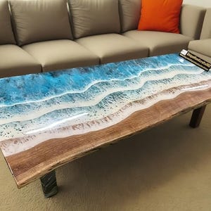 Personalized Ocean Wave Epoxy Resin Table: Live Edge Wood