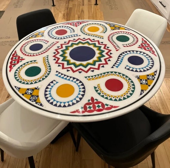 Handmade White Marble Table Top: Carnelian Inlay Mosaic Art
