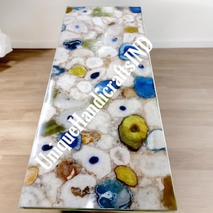 Handmade Agate Quartz Console Table Top: Blue & Yellow Gemstone Slab