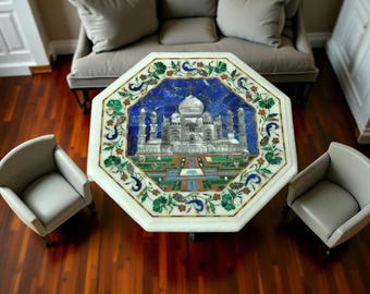 手作りの白い大理石のコーヒーテーブルトップ：八角形のタージ・マハル