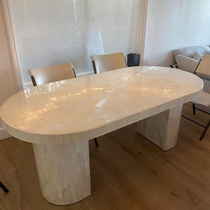 Oval Selenite Dining Stone Table / Luxury Gemstone Furniture / Handmade Mosaic Coffee Tabletop for Bar and Restaurant / Sun Burst pattern
