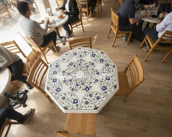 White Marble Coffee Table with Lapis Lazuli Floral Inlay – Hotel & Restaurant Décor