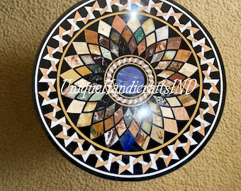 Black Marble Coffee Table Top: Handmade Stone Inlay Art