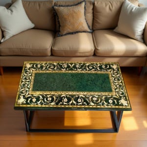 Green Marble Coffee Table Top: Mother of Pearl Inlay Floral Art