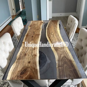 Custom Clear Epoxy Resin Dining Table | Handmade Live Edge Walnut Wood Table | Large Rustic Furniture for Your Home