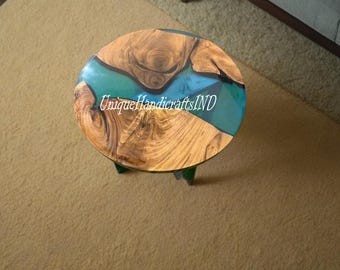 Handmade Round Epoxy Table Top: Green Resin River Wood Art