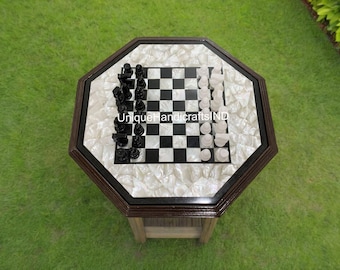 Handmade Marble Chess Set with Mother of Pearl Inlay