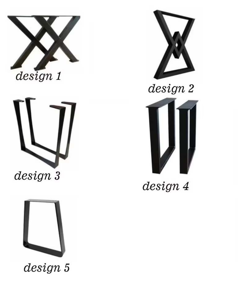 Op de afbeelding: Vijf verschillende ontwerpen voor zwarte metalen tafelpoten worden getoond tegen een witte achtergrond. Design 1 is een X-vormige basis. Design 2 is een V-vormige basis met een ruit in het midden. Designs 3, 4 en 5 zijn rechthoekig en trapeziumvormig.