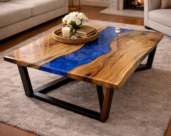 Mesa de comedor de borde natural hecha a mano: Mesa de río de epoxi azul