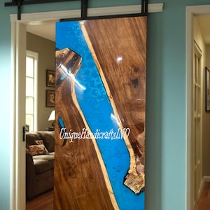 Custom Epoxy Resin river Door, Epoxy Sliding Barn Door With Blue Resin River Arts Modern Custom  Interior door  For Home & Office Decor