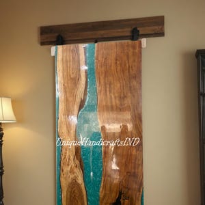 Barn Doors For Sale Custom Interior, Sliding, Wood & Blue Epoxy Resin Art, Single Barn Door Mid Century Modern Interior