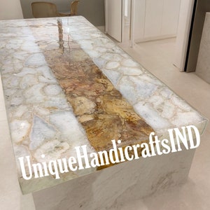 White Quartz Table , Quartz with golden Petrified Strip / Stone Coffee Table , Dinning Table Top, Countertop Slab Handmade Furniture Decor