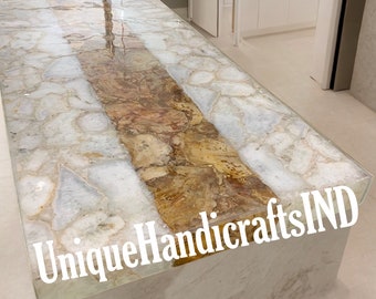 Handmade White Agate Quartz Table Top: Golden Petrified Stone Slab