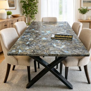 Blue Labradorite Dining Table, Semi Precious Stone Table Top, Modern Rectangular Table, Custom Handmade Agate Furniture