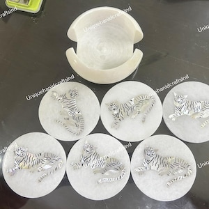 Tiger Inlay Marble Coaster Set: Handmade Pietra Dura Art with Holder