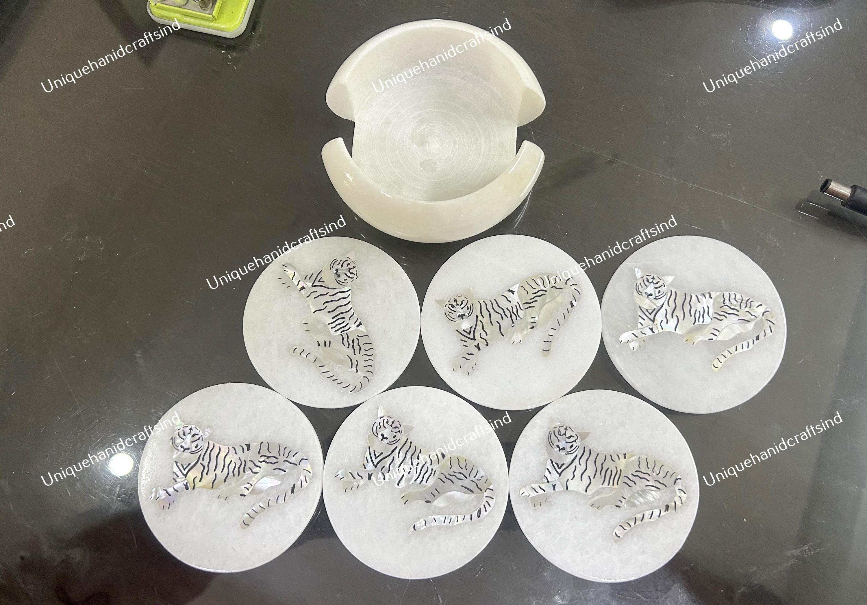 タイガーインレイ大理石コースターセット：ハンドメイドピエトラ