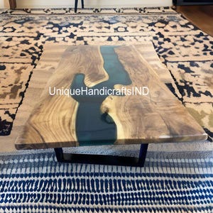 Handmade Live Edge Walnut Coffee Table: Blue Epoxy Resin, Mid-Century Modern