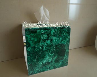 Handmade Malachite Tissue Box: Natural Gemstone Bathroom Decor