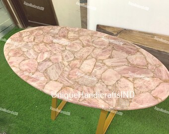 Handmade Rose Quartz Oval Table Top: Custom Dining or Coffee Table