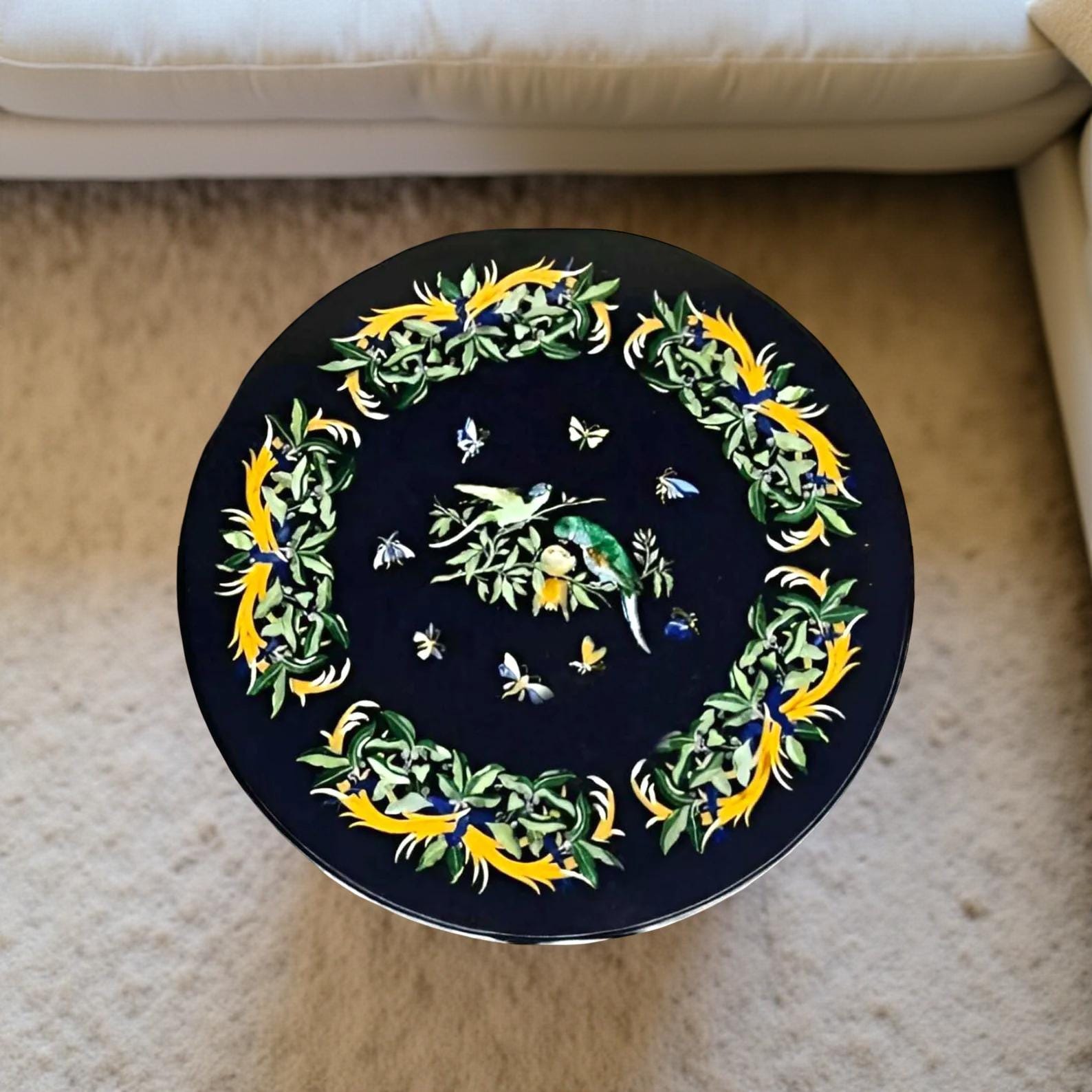 Black Marble Round Table – Handmade Pietra Dura Inlay with Semi-Precious Stone Floral & Bird Art – Luxury Home Decor