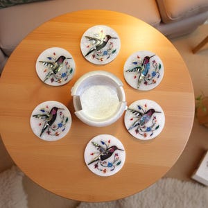 Handmade Marble Coaster Set: Inlay Floral & Bird Art